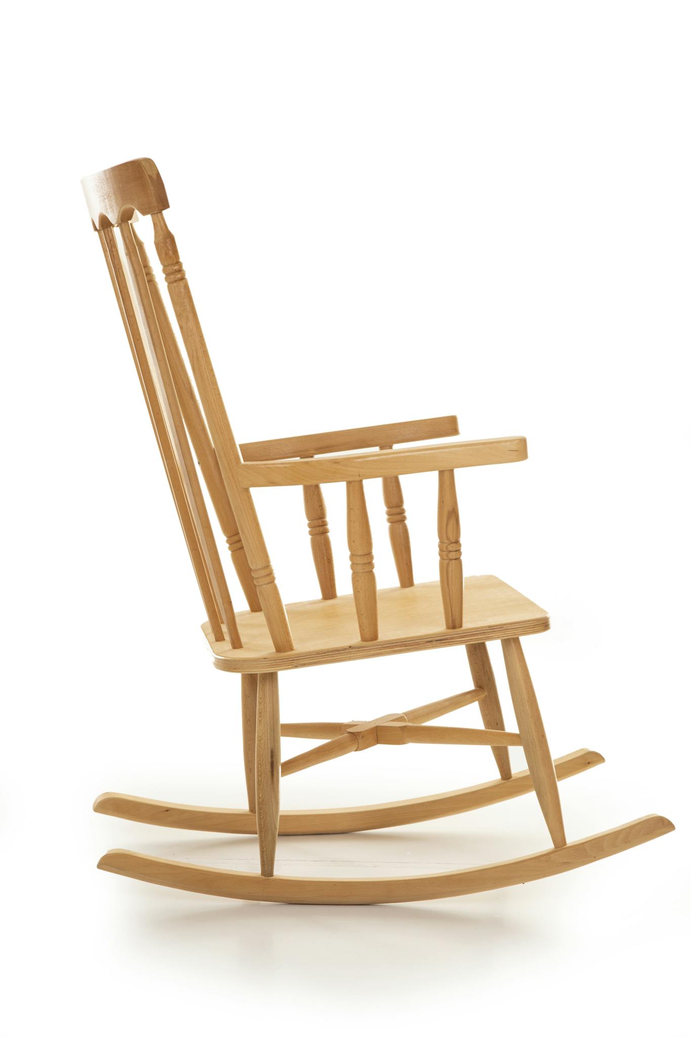 A traditional wooden rocking chair, elegant and isolated on a white background.